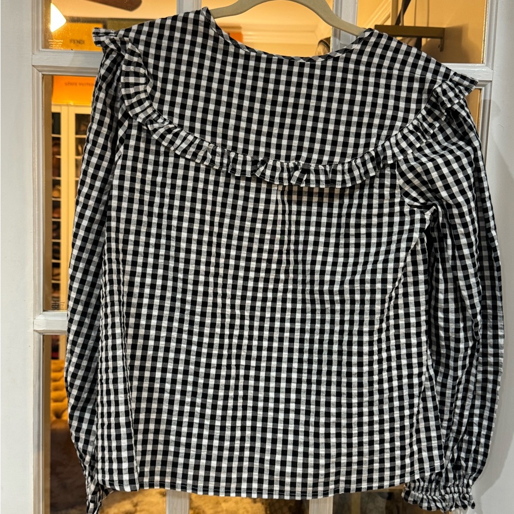 🖤🤍 Nobody's Child Black & White Gingham Ruffle Collar Button-Front Blouse - Picture 9 of 10